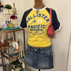 Yellow & Navy Hollister Short Sleeve Raglan Graphic Single Stitch Baby Tee